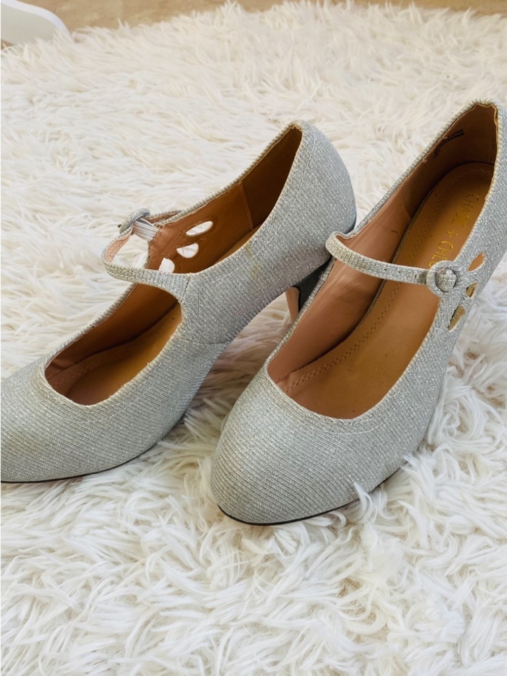 Chase and Chloe Silver Mary Jane Heels Size 8 Shimmer Strap Pumps